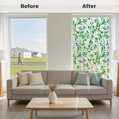 Privacy Window Film Green Leaf Pattern 17.5 x 78.7 Inch - Blurred Glass Cover