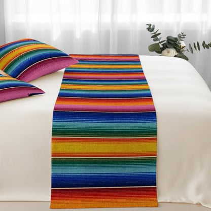 Mexican Stripes King Bed Runner & Pillow Cover Set Pink Turquoise Yellow 94x20