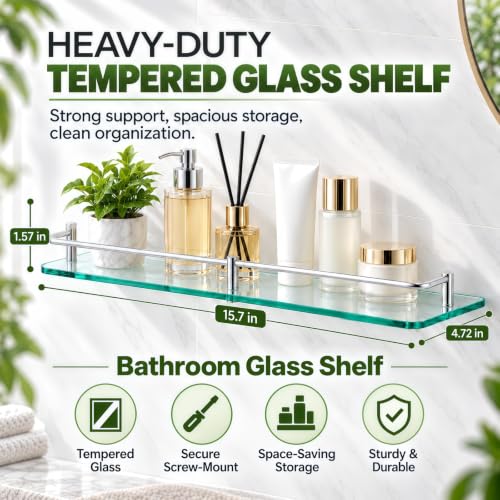 Bathroom Glass Shelf 15.7in Wall Mount Floating Shelves - Modern Tempered Glass