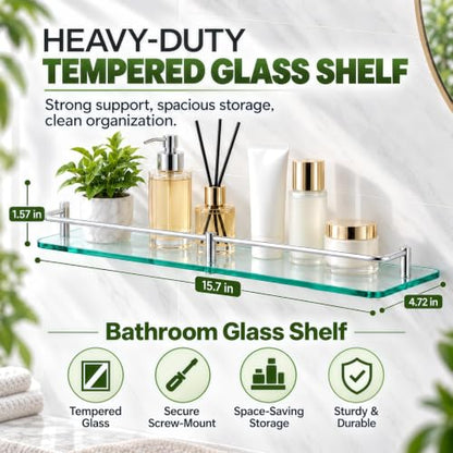 Bathroom Glass Shelf 15.7in Wall Mount Floating Shelves - Modern Tempered Glass