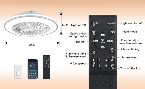 HYZlamp Smart Kids Ceiling Fans with Lights and Remote, Low Profile Ceiling Fan with Light, Flush Mount Bladeless Modern Ceiling Fans, Bedroom Fan bladeless Ceiling Fan (White)
