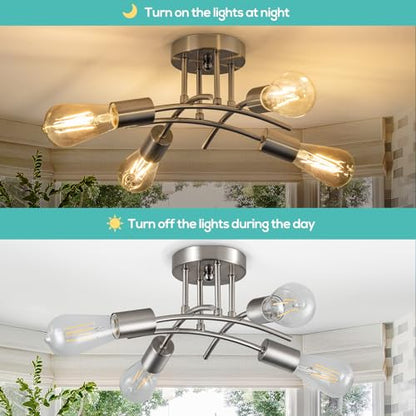 piano7797 4-Light Industrial Semi Flush Mount Ceiling Light Fixture, Modern Sputnik Chandelier Light Fixture,Brushed Nickel Ceiling Light Fixture for Kitchen Bedroom Living Room Hallway 2 Pack