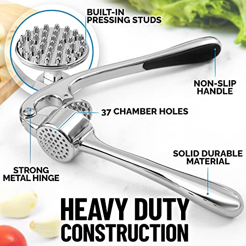 Zulay Kitchen Premium Garlic Press Set - Rust Proof & Dishwasher Safe Professional Garlic Mincer Tool - Easy-Squeeze, Easy-Clean with Soft, Ergonomic Handle - Silicone Garlic Peeler & Brush (Chrome)