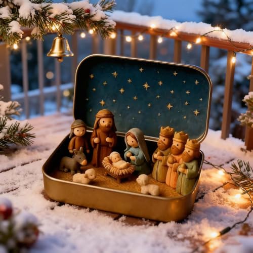 Mini Nativity Scene Set in Tin Box - Religious Christmas Decoration - 1 Piece Variation A