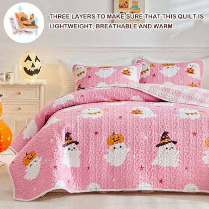 Halloween Ghost Quilt Set Queen - Pink & White Bedspread Coverlet 3-Piece