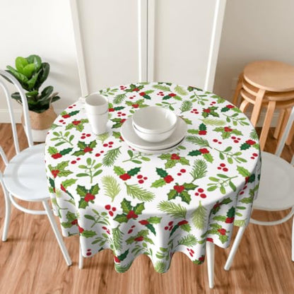 Xmas Holly Round Tablecloth 60 Inch for Indoor Outdoor Holiday Decor - Holly Mistletoe