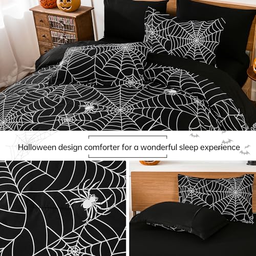 Halloween Comforter Set Queen Size Bed in a Bag with Spider Web Pattern