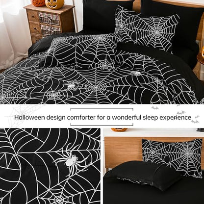 Halloween Comforter Set Queen Size Bed in a Bag with Spider Web Pattern