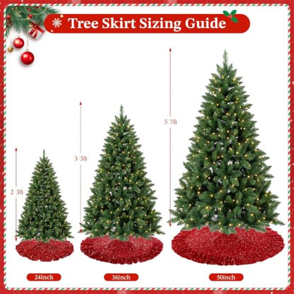 Red Small Ruffled Christmas Tree Skirt 36 Inch for 3-5 Ft Trees - Velvet & Sequin