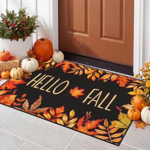 Hello Fall Maple Leaves Doormat 32x48 Inches - Seasonal Front Door Mat with Berries