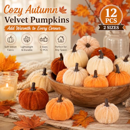 Mini Velvet Artificial Pumpkins Set for Fall Decor - 12 Pcs, 2 Sizes, Harvest Halloween Thanksgiving