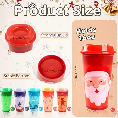 6 Pcs Christmas Color Changing Hot Coffee Cups with Lids - 16 Oz Reusable Plastic Tumblers for Holiday Parties