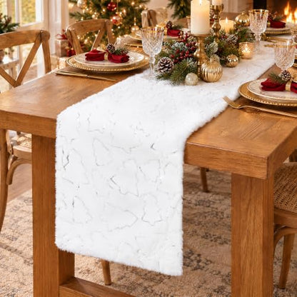 White Faux Fur Christmas Table Runner with Silver Sequin Trees - 13x48 Inches - Variation of THIS listing