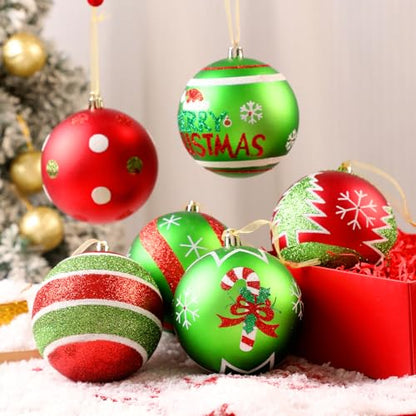 Lanpn 6 Pack 4-Inch Large Outdoor Christmas Ornaments - Red & Green Glitter String Ball Decorations for Yard & Holiday Party - Style B