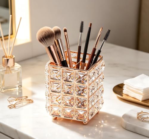Gold Square Crystal Makeup Brush Holder Cosmetic Organizer - Durable & Elegant