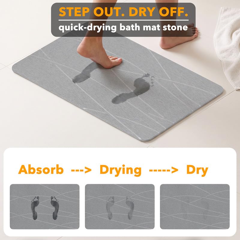 SpaceAid Stone Bath Mat - Gray Line, 23.6 x 15.4 Inches, Quick Dry, Non-Slip