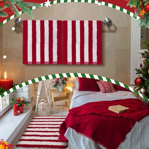Newwiee 4 Pcs Christmas Bathroom Set with Red and White Striped Rugs and Towels - Holiday Decor