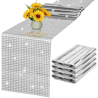 Silver Disco Party Table Runner 6 Pack, 11 x 108 Inch Glitter Sequin Decor