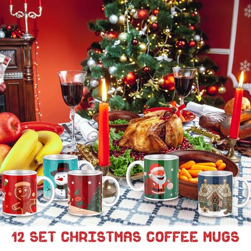 12 Pack Christmas Ceramic Coffee Mugs Set 11 oz Holiday Drinkware with Handle