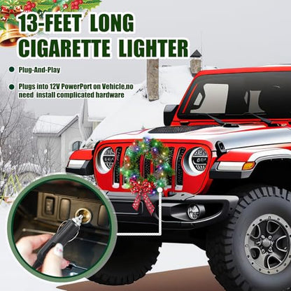 12V LED Christmas Car Wreath with Red Bow and Colorful Lights - 13 Inch Artificial Holiday Decoration, 2 Pack, Checkered Bow Variation