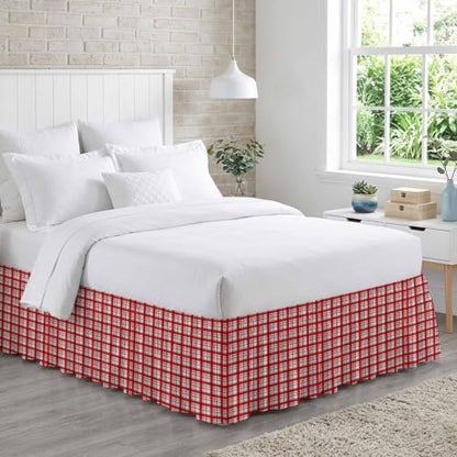 King Size Bed Skirt 16 Inch Drop Adjustable Elastic Dust Ruffle Wrap Around Bedskirt - Red Crimson Ruby & White