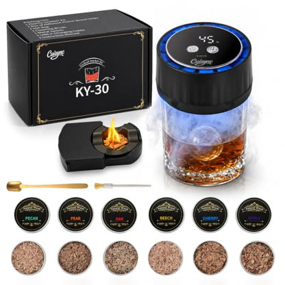 Electric Whiskey Smoker Kit with 6 Wood Chips & Colorful LED Lights - Black