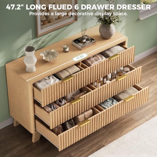 Jocoevol Fluted 6-Drawer Dresser with Gold Handles, Natural Finish