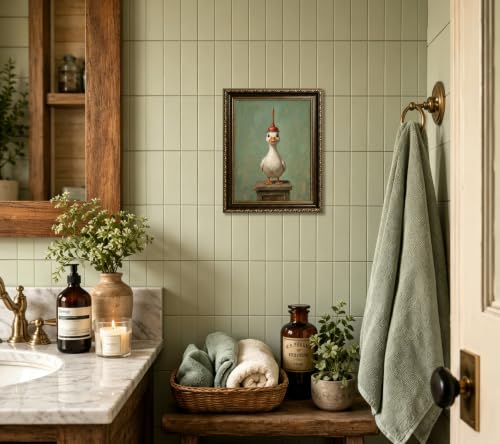 Funny Bathroom Duck Wall Art Canvas - Gold Frame, 9x11 inches, Goose Variation