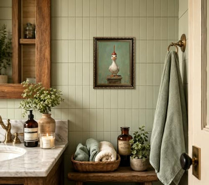 Funny Bathroom Duck Wall Art Canvas - Gold Frame, 9x11 inches, Goose Variation