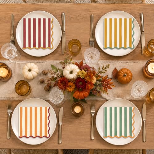 Fall Cocktail Napkins Set 100pcs Vintage Striped Scalloped Edges