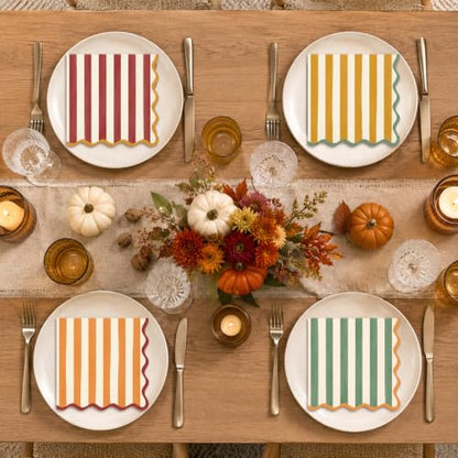 Fall Cocktail Napkins Set 100pcs Vintage Striped Scalloped Edges