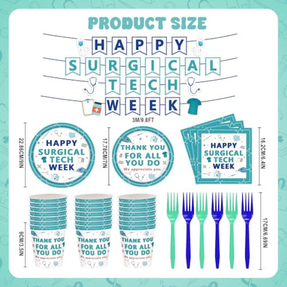 Surgical Tech Party Plate Set - Disposable Plates Cups Napkins Forks Banner for 25 Guests