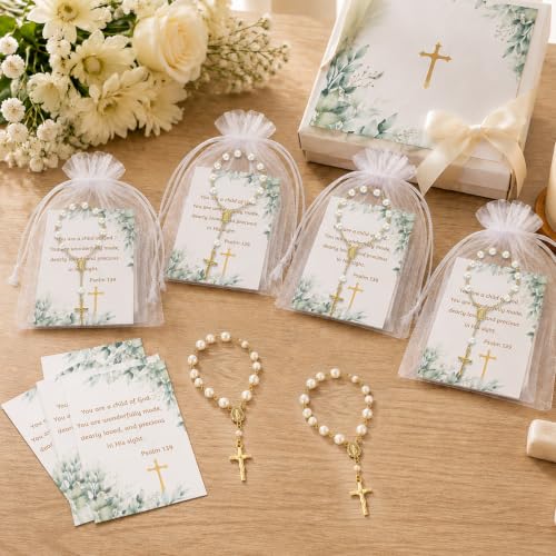 50 Gold Rosary Sets for Baptism and Religious Celebrations with Cards and Bags