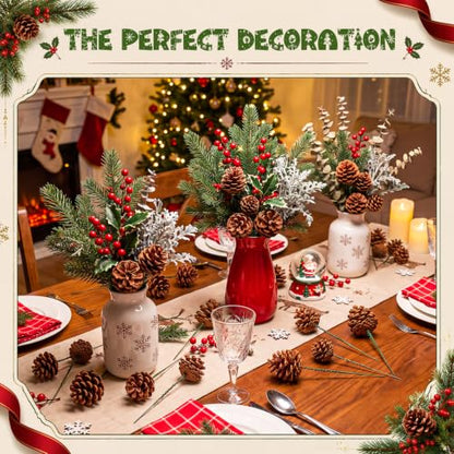 24 Pcs Natural Pine Cones for Christmas Decorations with Wired Picks