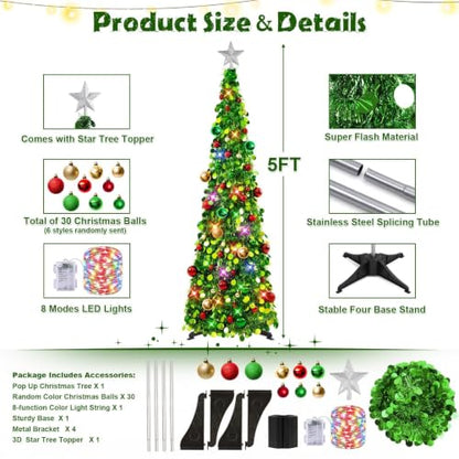 Collapsible 5Ft Green Tinsel Christmas Tree with Lights & 30 Ornaments - Holiday Decor