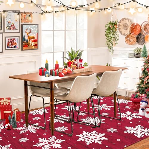 Christmas Snow Pattern Area Rug 9x12 Red Non-Slip Low Pile Indoor Rug for Living Room & Bedroom - Snow Variation