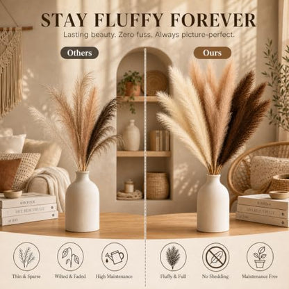 Artificial Pampas Grass Set 45 Inch Tall | Dark Brown & Beige 9 Pieces - Elegant Faux Decor