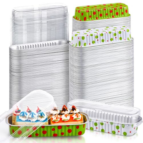 Christmas Aluminum Foil Mini Loaf Pans with Lids - 200 Pack, Lime Green & Red