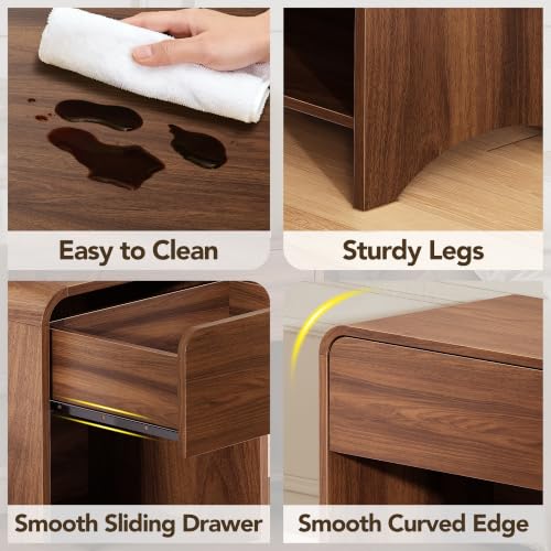 Decofy Walnut Nightstand Set of 2 with Built-In Charging Station, 1 Drawer, Modern Design