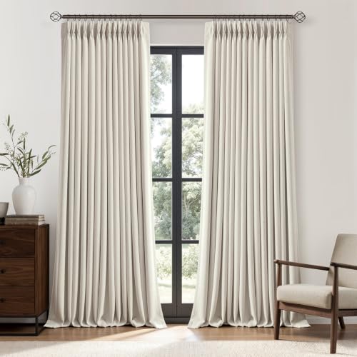 90 Inch Blackout Linen Curtains - Natural, 2 Panels, Pinch Pleat, Room Darkening