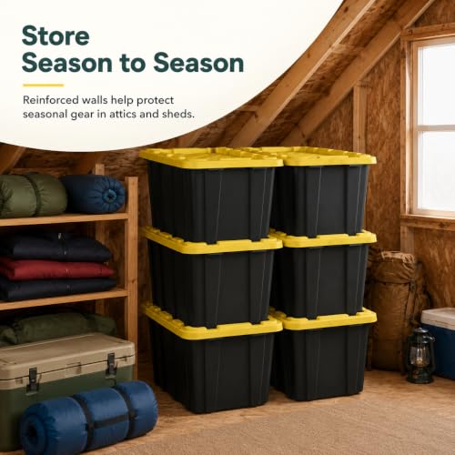 Stackable 27-Gallon Storage Bins with Lids - Black and Yellow, Heavy Plastic, 6 Pack