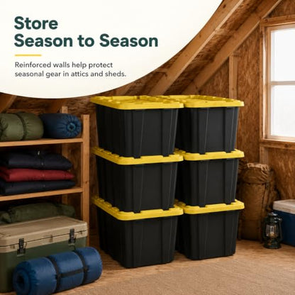 Stackable 27-Gallon Storage Bins with Lids - Black and Yellow, Heavy Plastic, 6 Pack