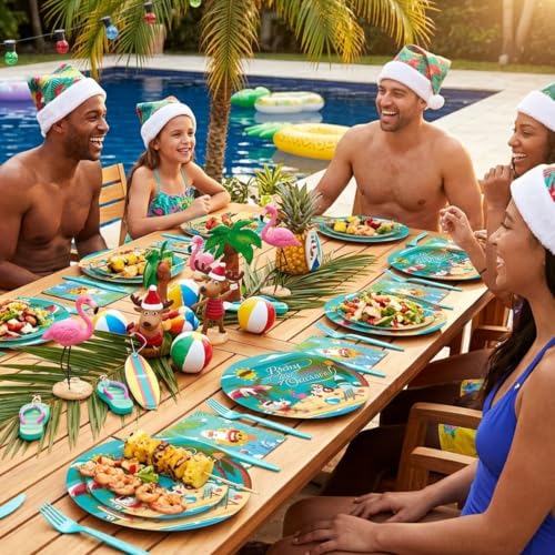 Christmas in July Party Tableware Set - 96 Pcs Summer Holiday Plates Napkins Forks