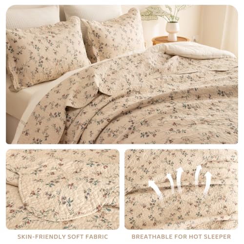 Floral Queen Quilt Set - 100% Cotton, Ditsy Vintage Bedspread, 3 Pieces - Queen (90x98) - Neutral Base