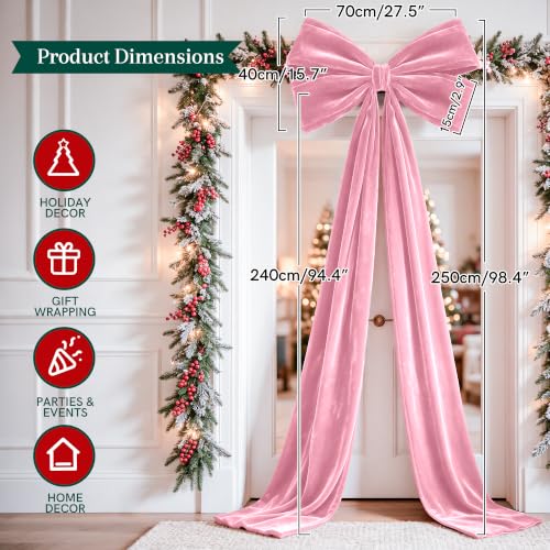 Pink Velvet Christmas Tree Topper Bow - Large 7.5ft Holiday Garland Decor