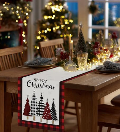 Christmas Table Runner Snowflakes and Red Buffalo Plaid 13x72 Inches - Holiday Decor