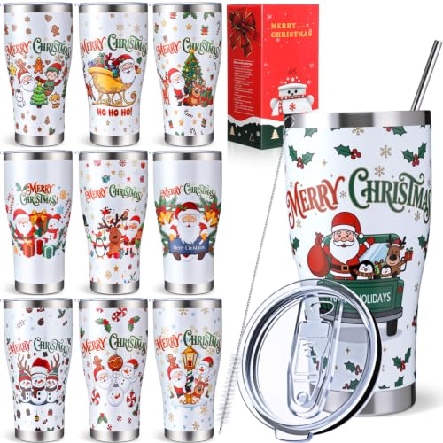 Christmas Tumblers 10 Pack - 30 oz Stainless Steel Insulated Travel Cups - Vivid Variation