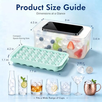 Mini Ice Cube Tray with Lid and Bin - 3 Pack Mint Green for 0.95 Inch Ice Balls