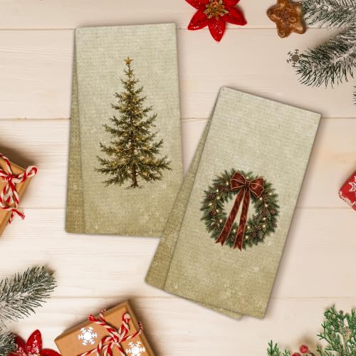 Christmas Tree4 Rustic Farmhouse Christmas Kitchen Towels Set of 2 - Vintage Neutral Winter Holiday Dish Hand Towels 16x24in