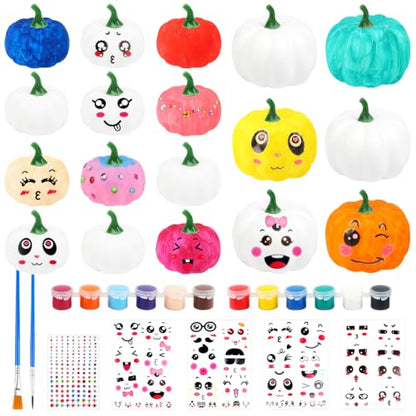 DIY White Pumpkin Craft Kit with Paints, Brushes, Stickers for Fall Decor